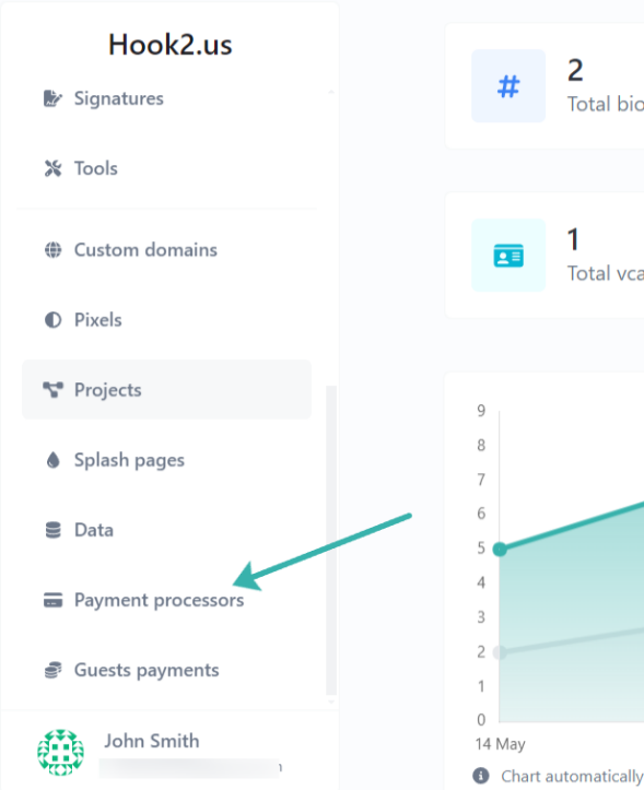 Hook2.us dashboard menu. An arrow points to the Payment processors link, which is the sixteenth link.