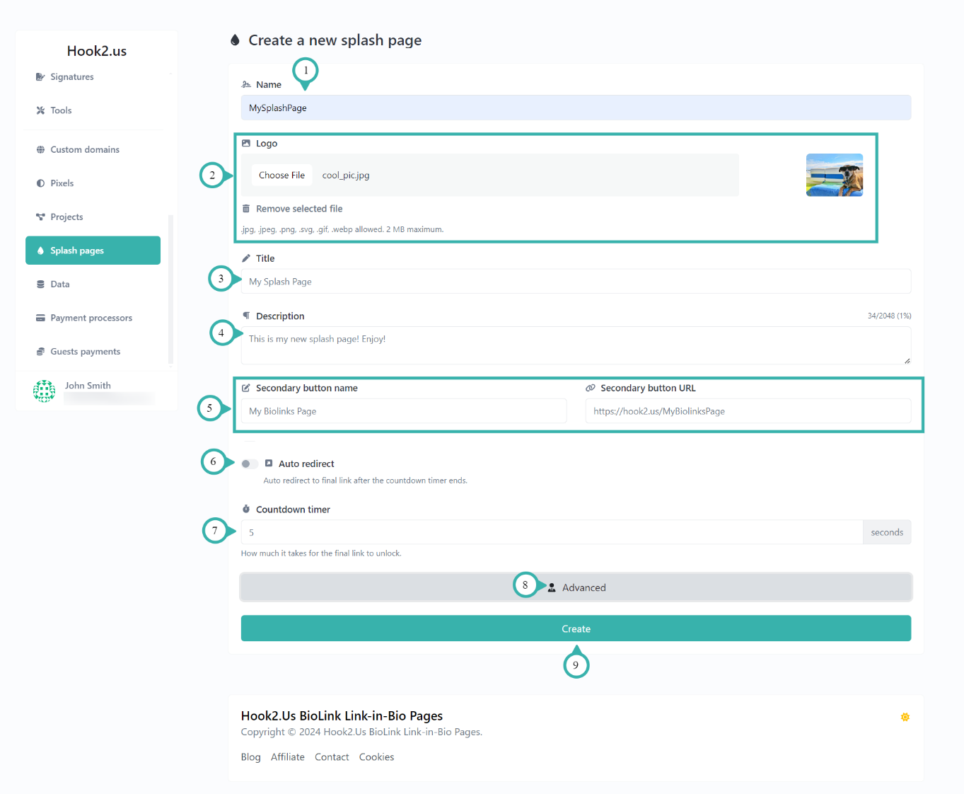 Hook2.us Create new splash page window. Details are explained below the image.