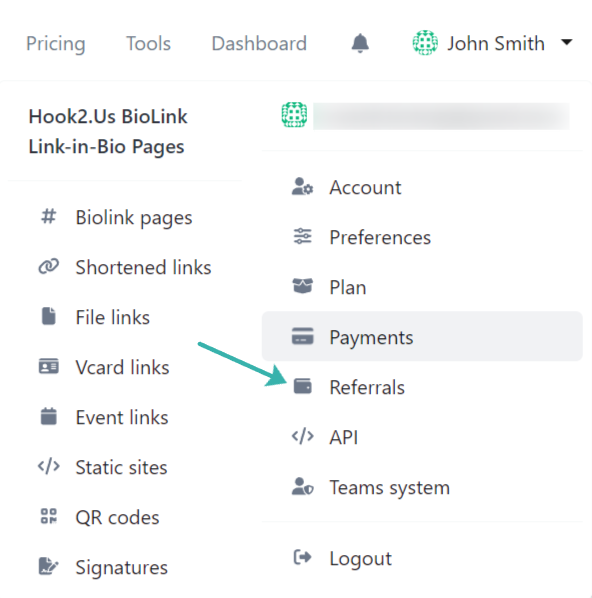 Hook2.us submenu accessed by clicking on your name in the main menu on the homepage. An arrow points to the Referrals link, which is the fifth link under the second column.