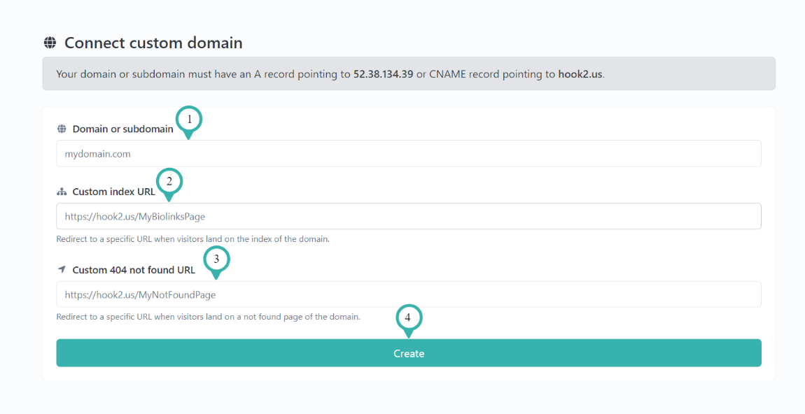 Hook2.us connect new custom domain window. Details are explained below the image.