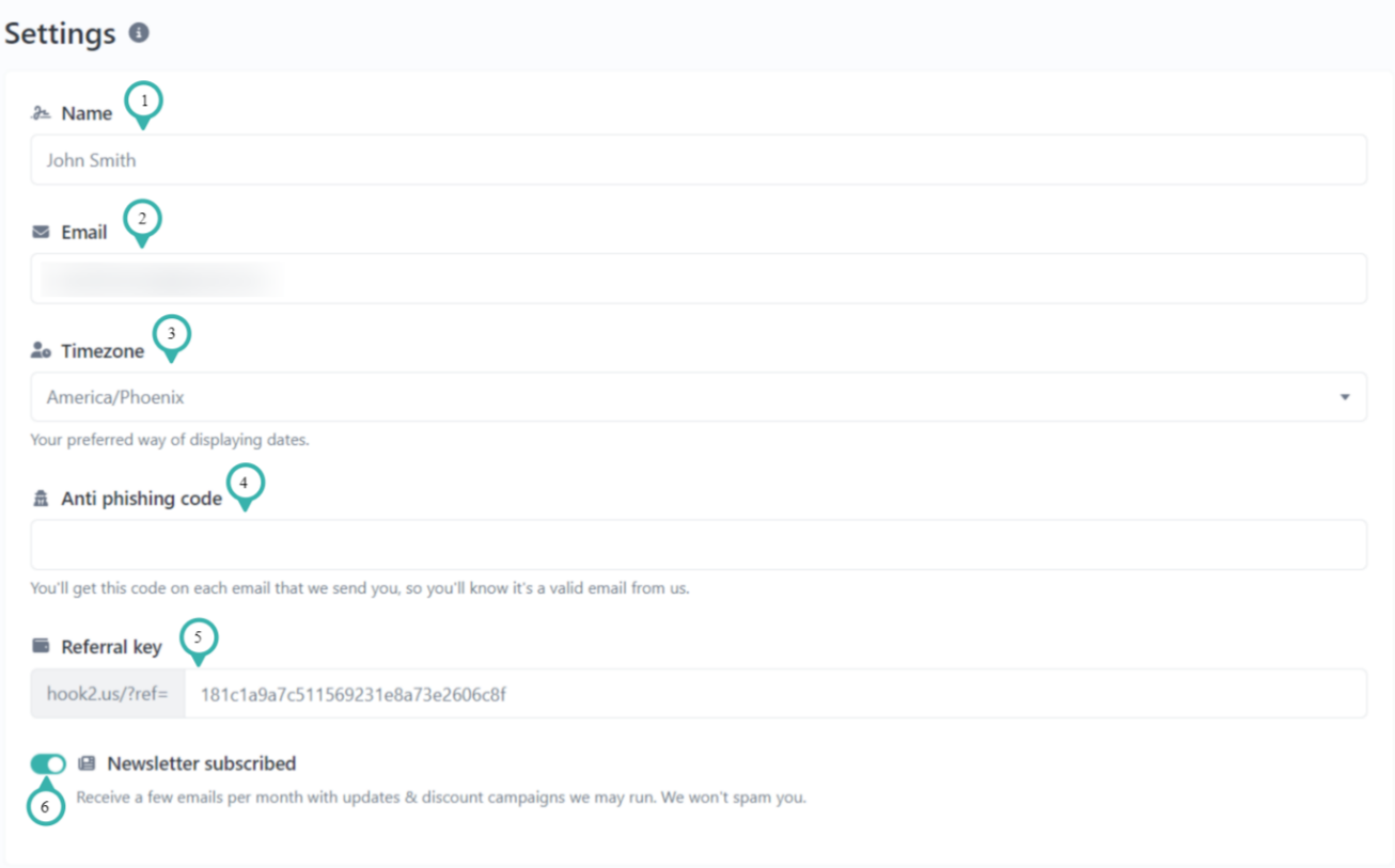 Hook2.us change settings form. Fields are described below the image.