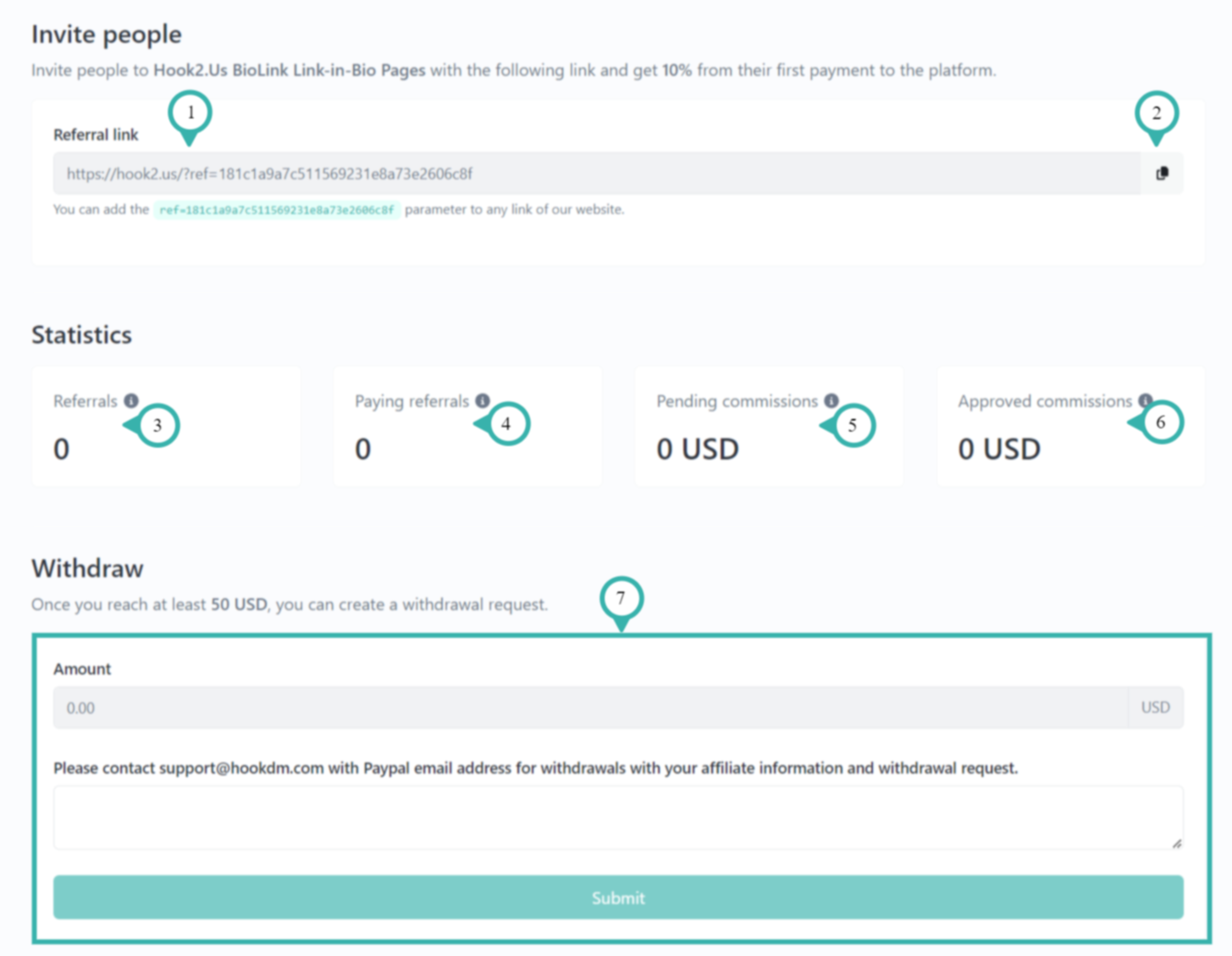 Hook2.us information related to referrals, and withdrawal form. Details are described below the image.