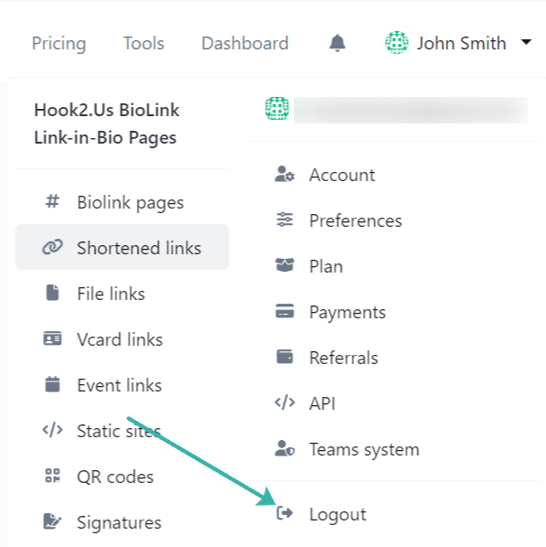 Hook2.us submenu accessed by clicking on your name in the main menu on the homepage. An arrow points to the Logout link, which is the eighth link under the second column.
