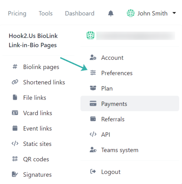 Hook2.us submenu accessed by clicking on your name in the main menu on the homepage. An arrow points to the Preferences link, which is the second link under the second column.