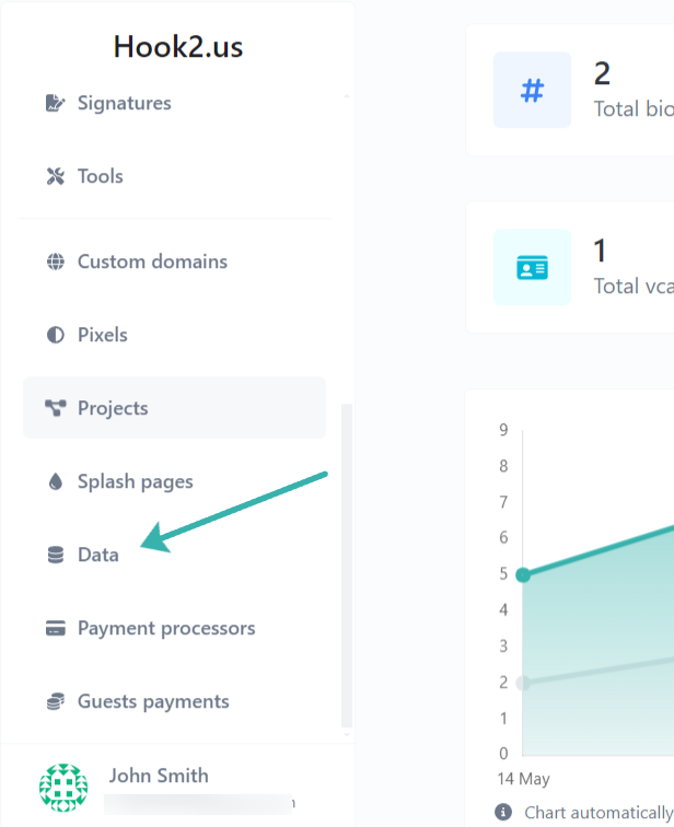 Hook2.us dashboard menu. An arrow points to the Data link, which is the fifteenth link.