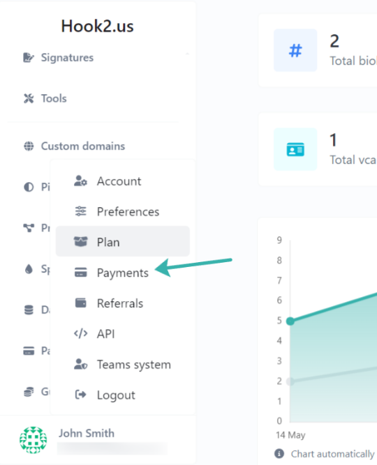 Hook2.us submenu accessed by clicking on your name on the dashboard menu. An arrow points to the Payments link, which is the fourth link.