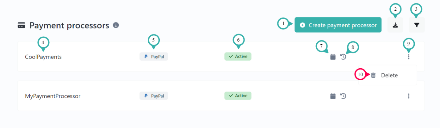 Hook2.us Payment processors page. Details are explained below the image.