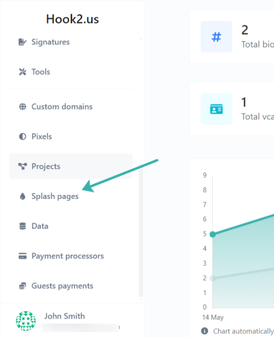 Hook2.us dashboard menu. An arrow points to the Splash pages link, which is the fourteenth link.