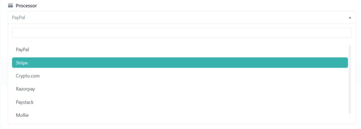 Hook2.us Processor selection dropdown. Shows a list of payment processors available for biolink pages. You can read the list below the image.
