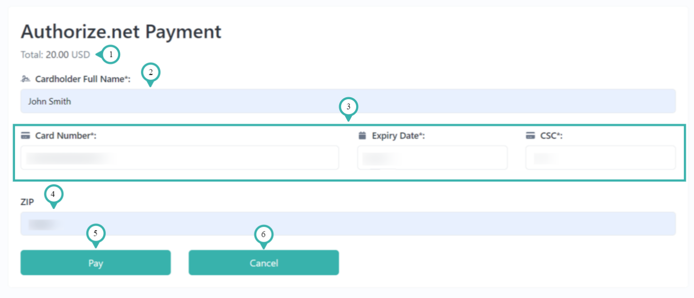 The Hook2.us payment form for collecting credit card information for processing through Authorize.net. Details on the information and fields listed below the image.
