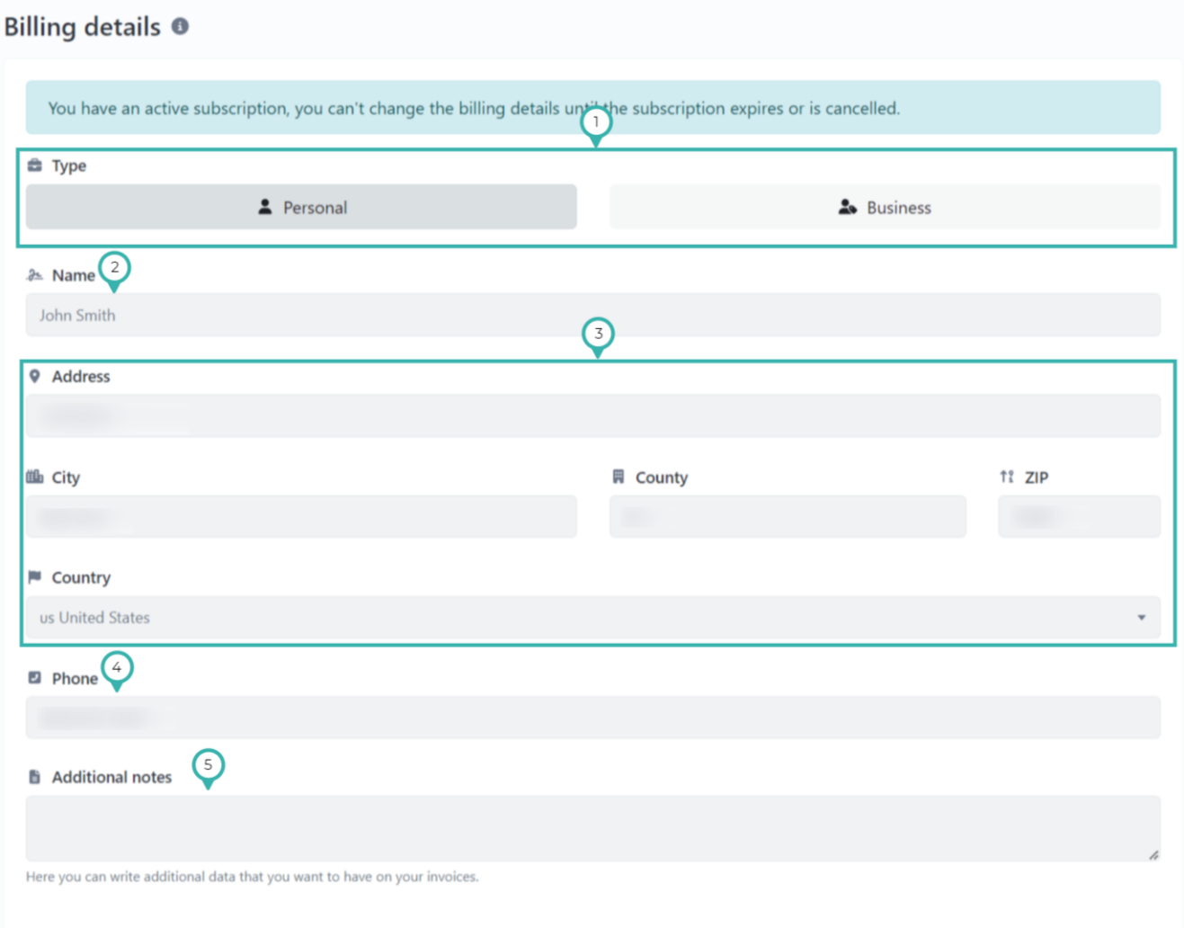 Hook2.us billing information form. Information and fields are described below the image.