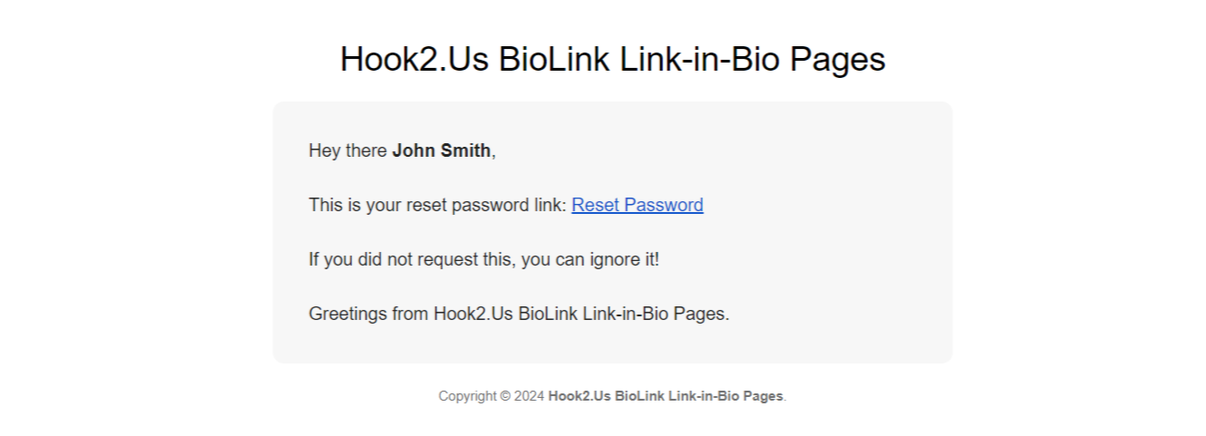 Hook2.us email to reset password. It contains a link for the password reset.