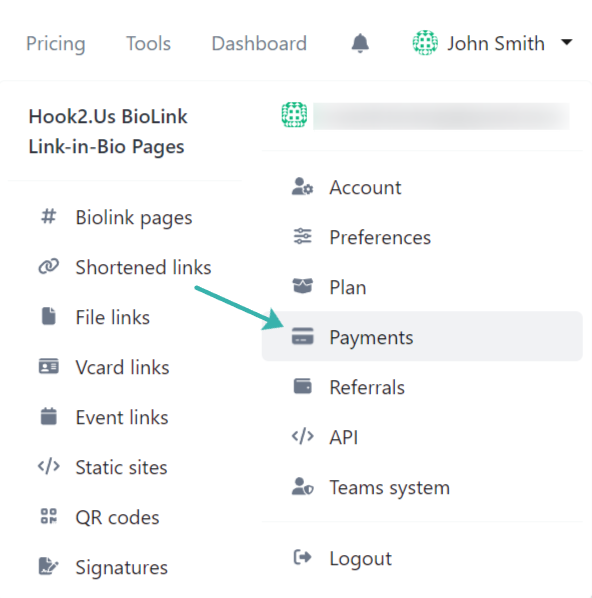 Hook2.us submenu accessed by clicking on your name in the main menu on the homepage. An arrow points to the Payments link, which is the fourth link under the second column.