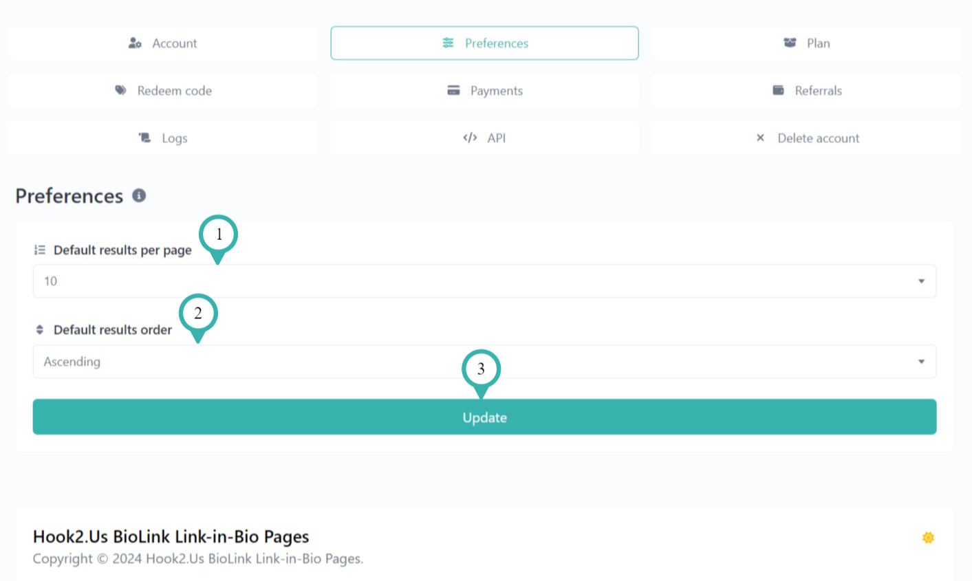 Hook2.us change preferences form. Details are described below the image.
