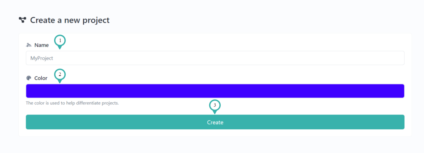 Hook2.us Create new project window. Details are explained below the image.
