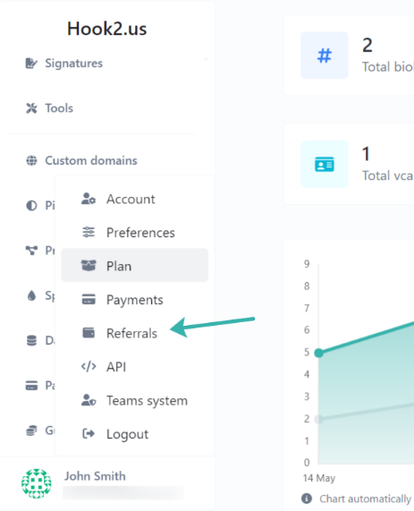 Hook2.us submenu accessed by clicking on your name on the dashboard menu. An arrow points to the Referrals link, which is the fifth link.