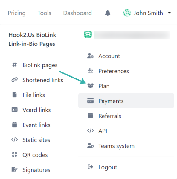 Hook2.us submenu accessed by clicking on your name in the main menu on the homepage. An arrow points to the Plan link, which is the third link under the second column.