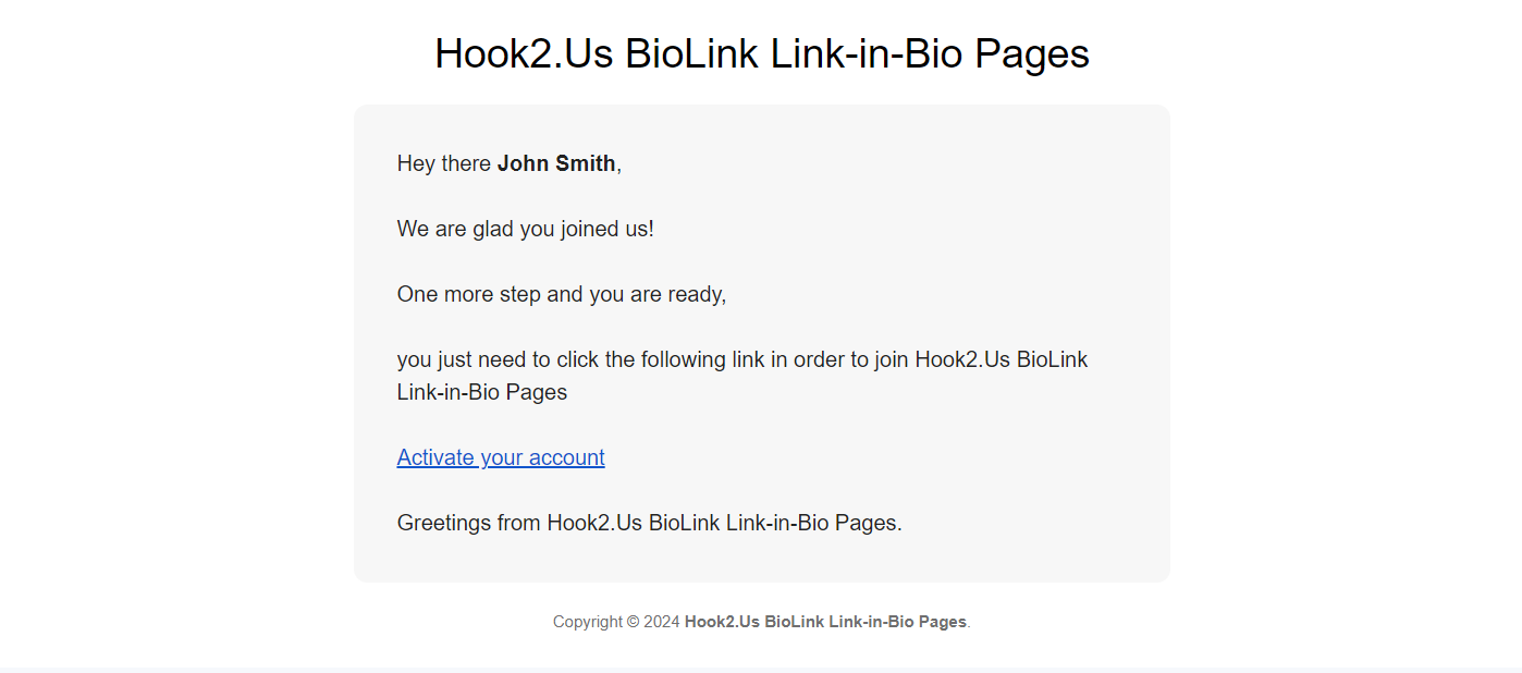 Hook2.us account activation email. The email welcomes the user to Hook2.us and provides a link to confirm your email and activate your account.