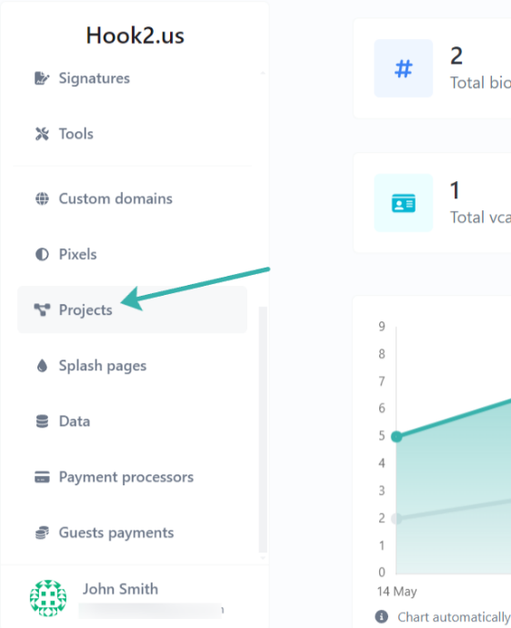 Hook2.us dashboard menu. An arrow points to the projects link, which is the thirteenth link.