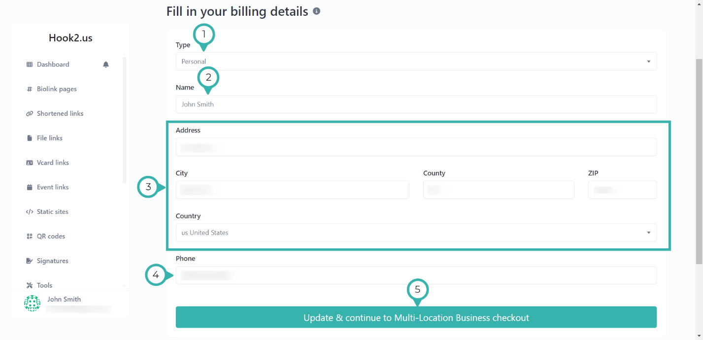 Hook2.us billing information form. Information and fields are described below the image.