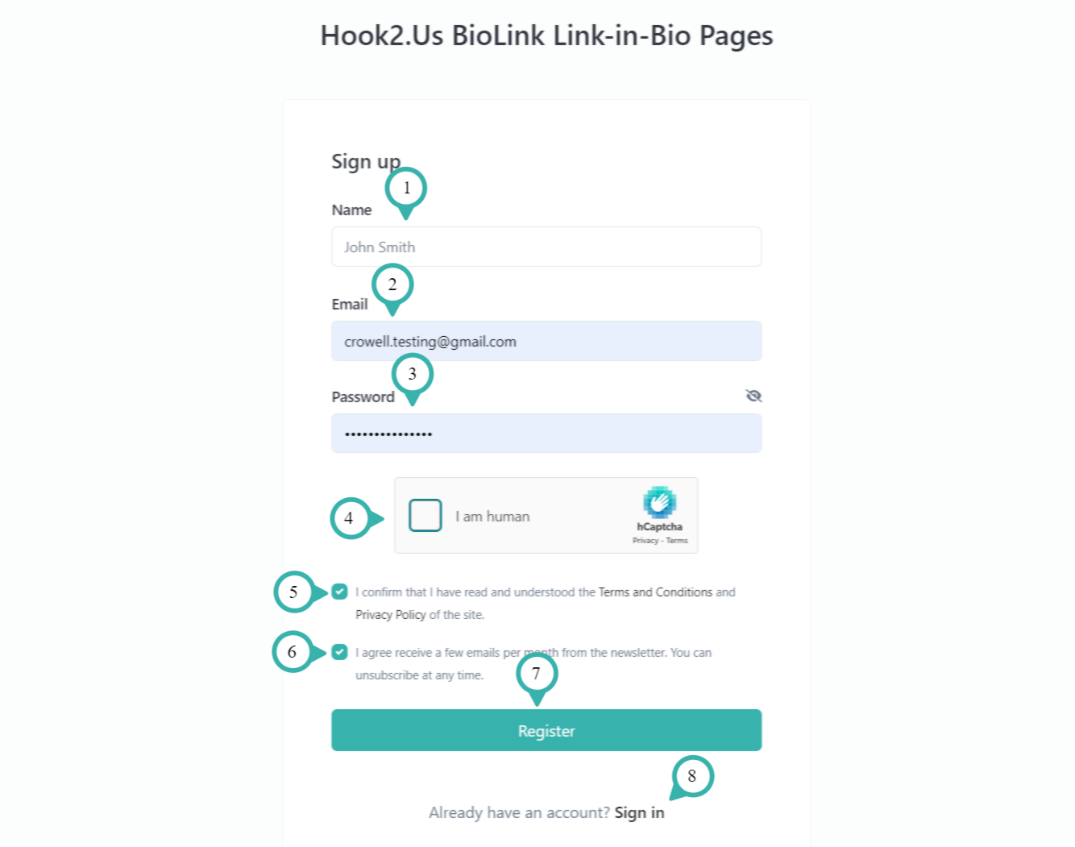 Hook2.us biolink registration form. Information and fields described below the image.