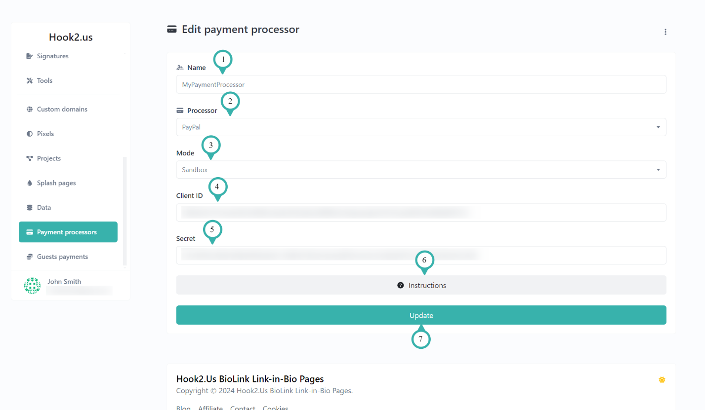 Hook2.us Edit payment processor window. Details are explained below the image.