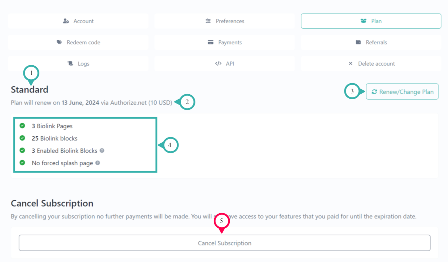 Hook2.us Plan page. The page has details on your subscribed plan and options to change your plan. Details described below the image.