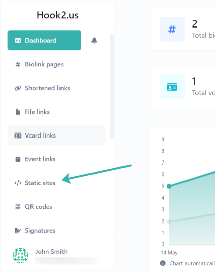 Hook2.us dashboard menu. An arrow points to the static sites link, which is the seventh link.