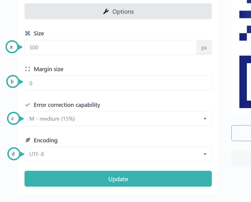 Hook2.us edit QR code options menu. Details are explained below the image.