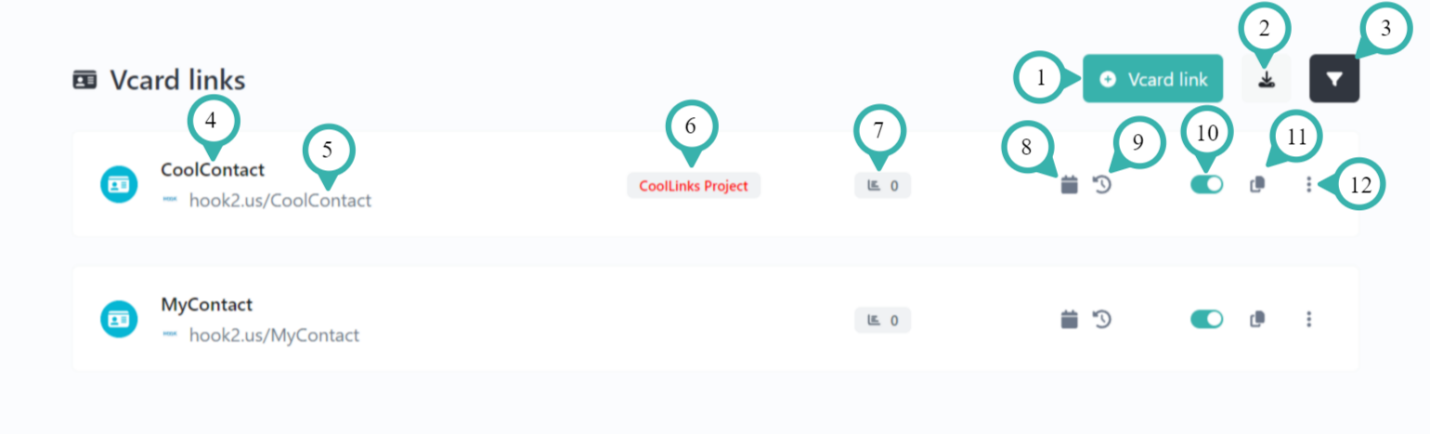 Hook2.us vCard links page. Details are explained below the image.