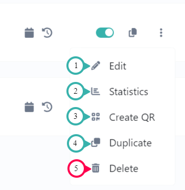 Hook2.us vCard link submenu accessed by clicking the icon at the end of a vCard link on the vCard links page. Details are explained below the image.