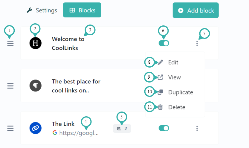 Hook2.us edit biolink page with Blocks selected, showing a list of blocks. Indicators point out the features on the block list, and the submenu on one of the blocks is opened. Details are explained below the image.
