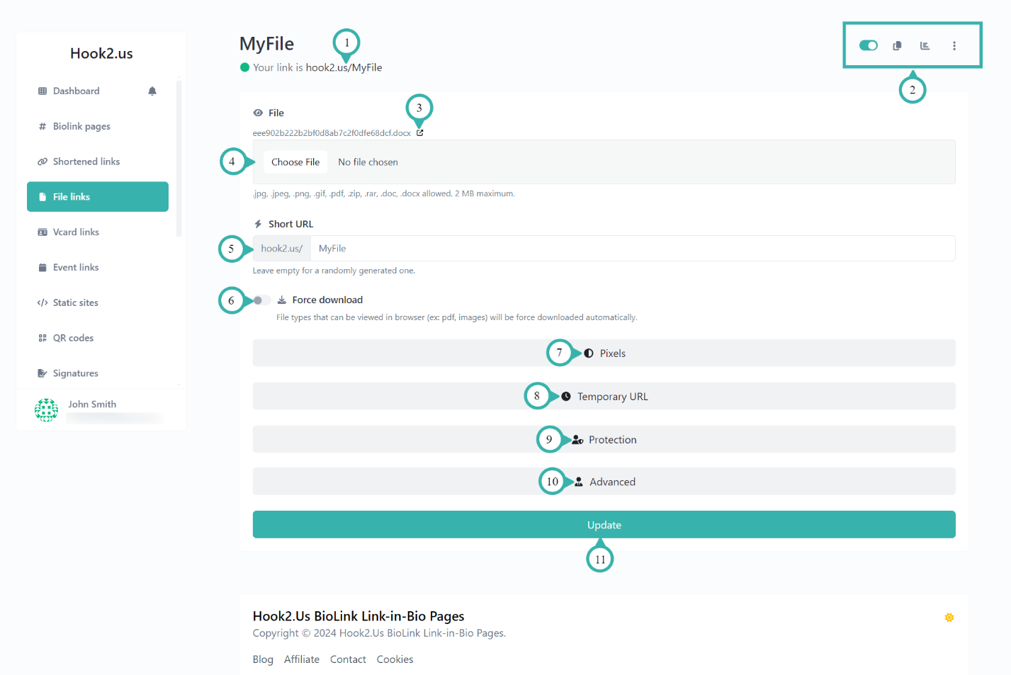 Hook2.us edit file link page. Details are explained below the image.