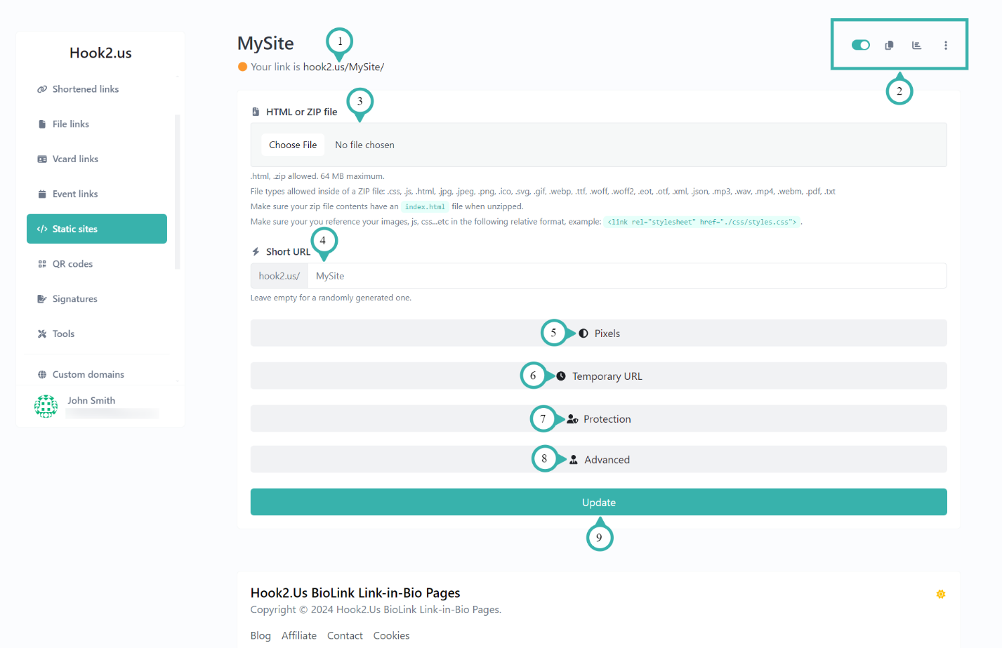 Hook2.us edit static site page. Details are explained below the image.