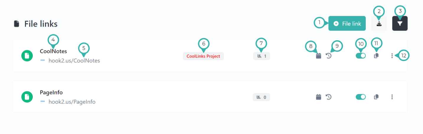 Hook2.us File links page. Details are explained below the image.