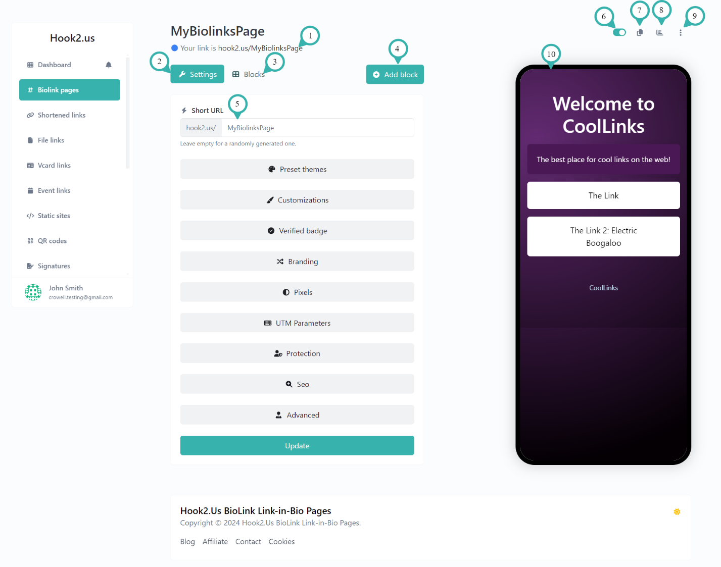 Hook2.us edit biolink page with indicators for the top-level navigation. Details are explained below the image.