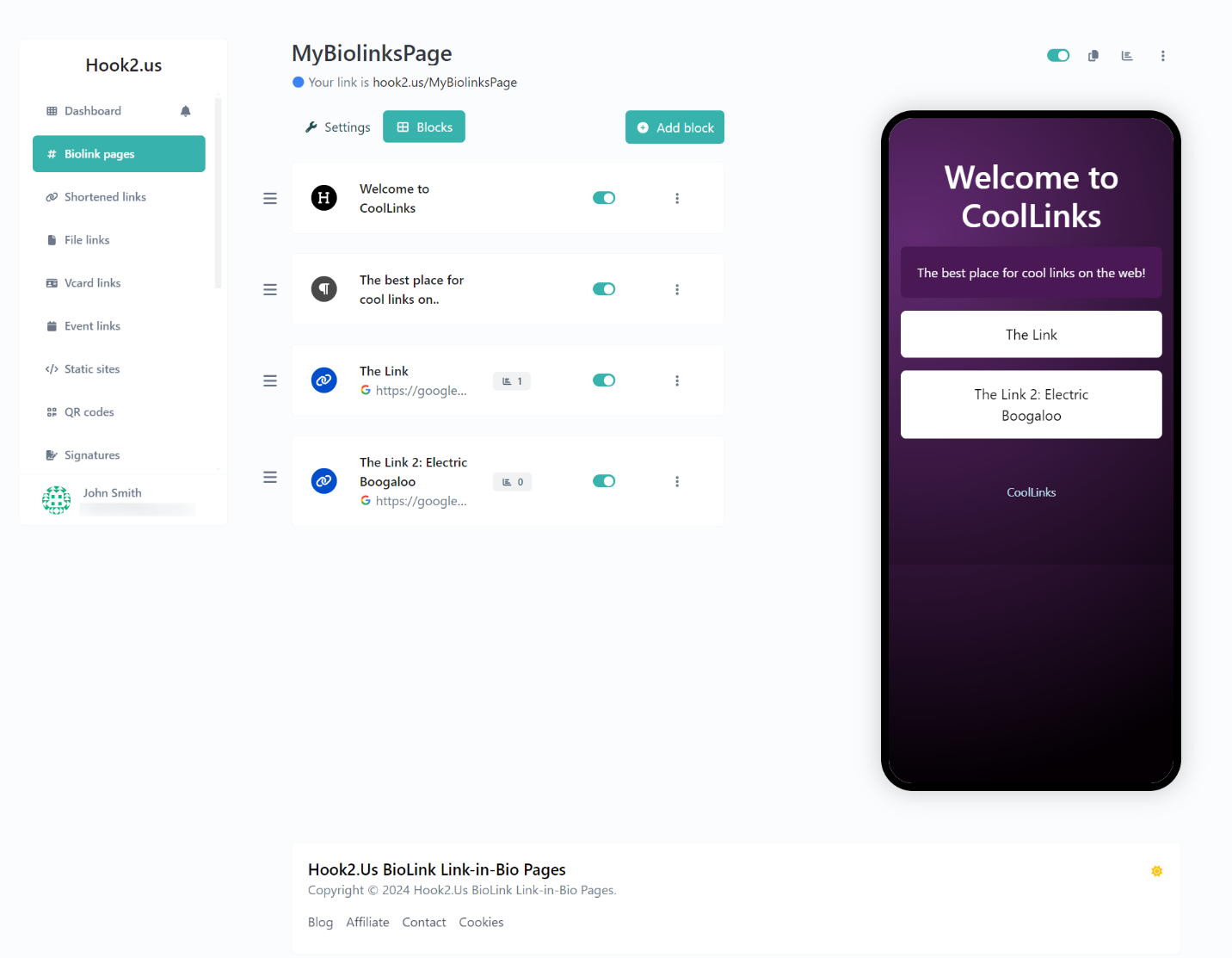 Hook2.us edit biolink page with Blocks selected and showing several blocks.