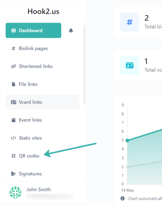 Hook2.us dashboard menu. An arrow points to the QR codes link, which is the eighth link.
