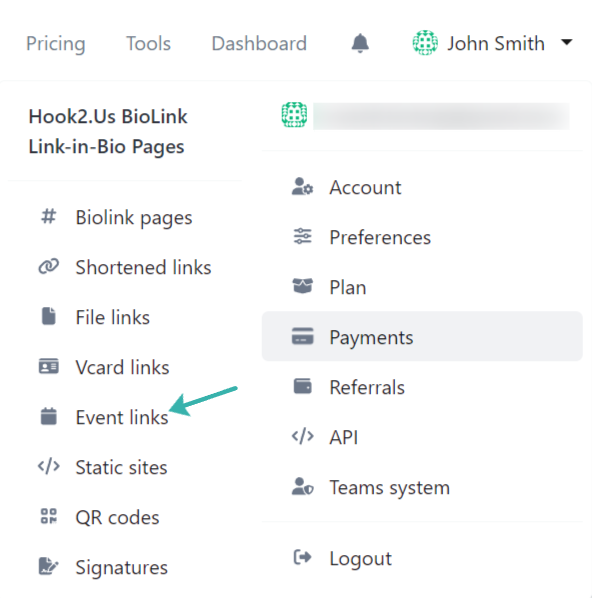 Hook2.us submenu accessed by clicking on your name in the main menu on the homepage. An arrow points to the event links link, which is the fifth link under the first column.