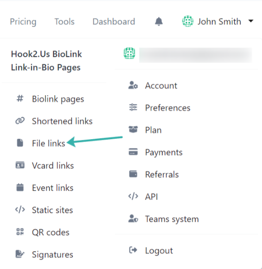 Hook2.us submenu accessed by clicking on your name in the main menu on the homepage. An arrow points to the file links link, which is the third link under the first column.