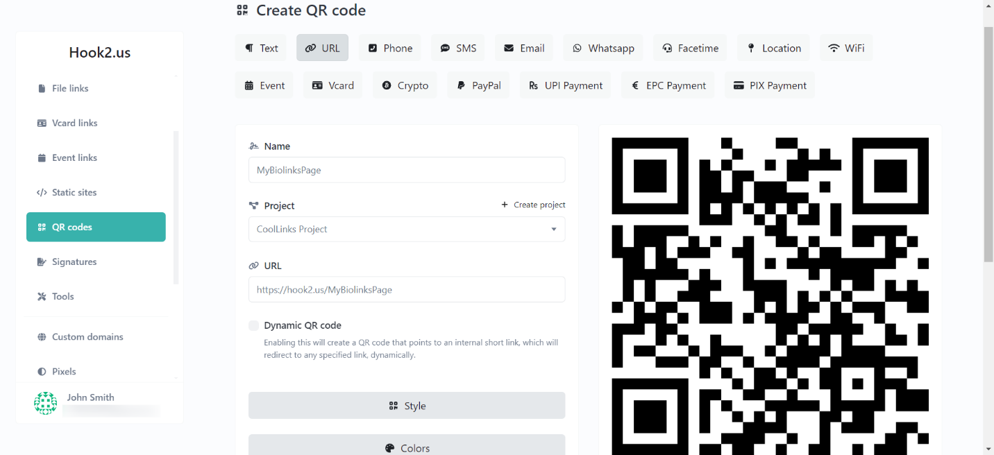 Hook2.us create QR code page. It's identical to the edit QR code page (below). It's prefilled to create a link to a biolink page.