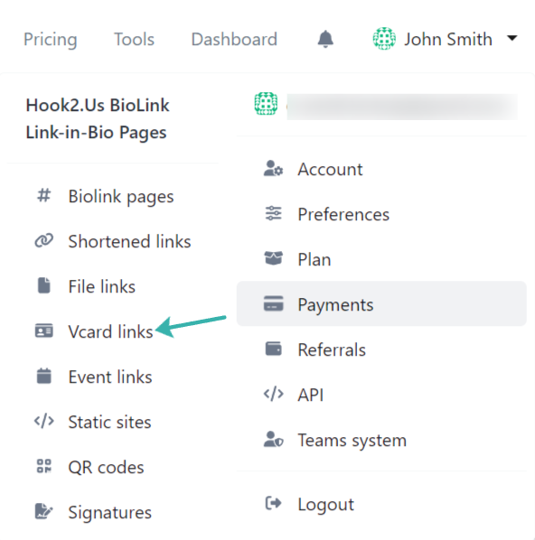 Hook2.us submenu accessed by clicking on your name in the main menu on the homepage. An arrow points to the vCard links link, which is the fourth link under the first column.