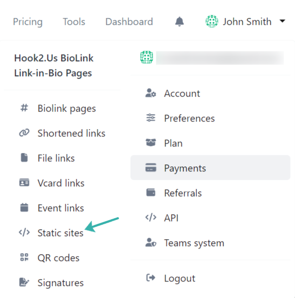 Hook2.us submenu accessed by clicking on your name in the main menu on the homepage. An arrow points to the static sites link, which is the sixth link under the first column.