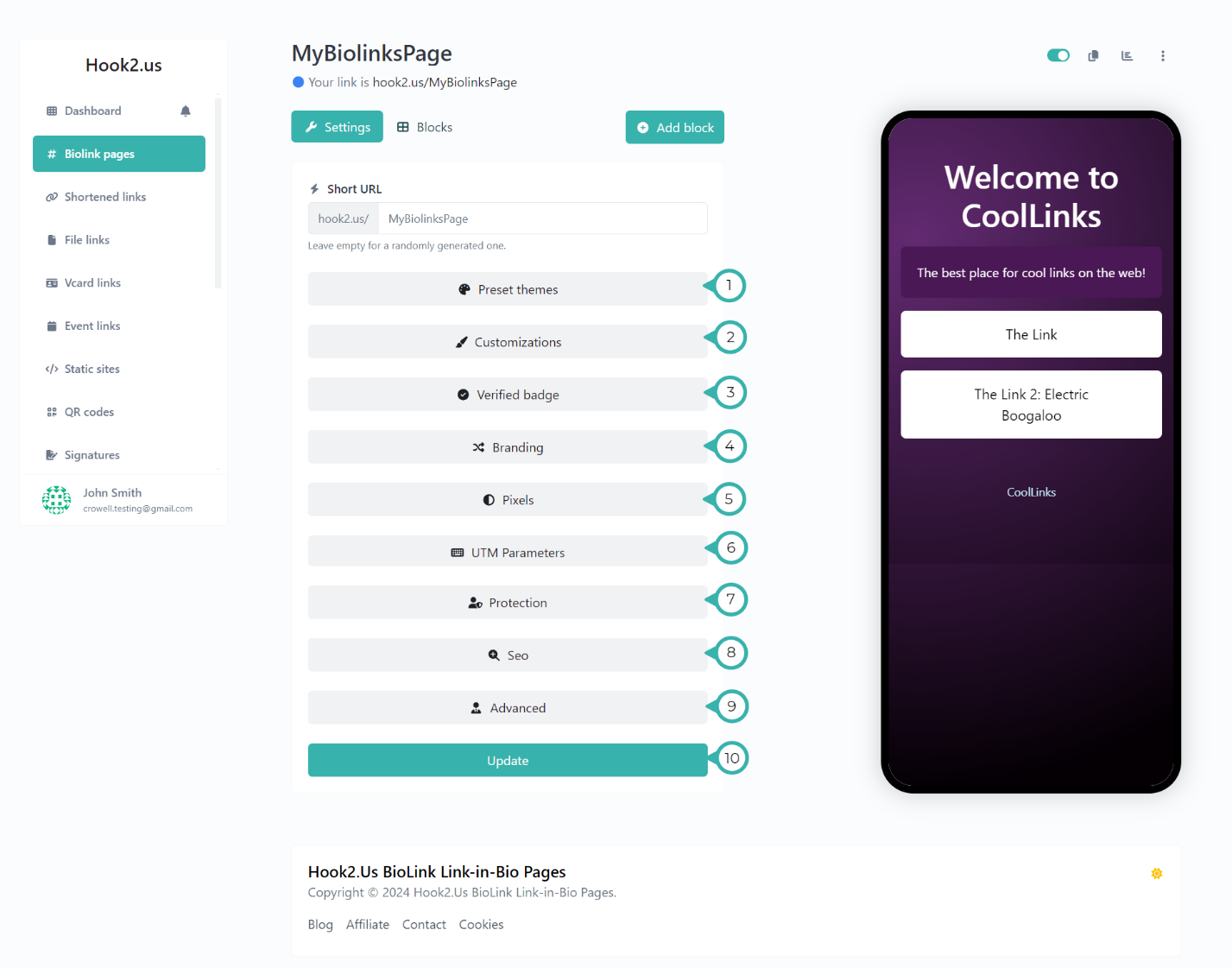 Hook2.us edit biolink page with Settings selected. There are indicators for the Settings categories. Details are explained below the image.