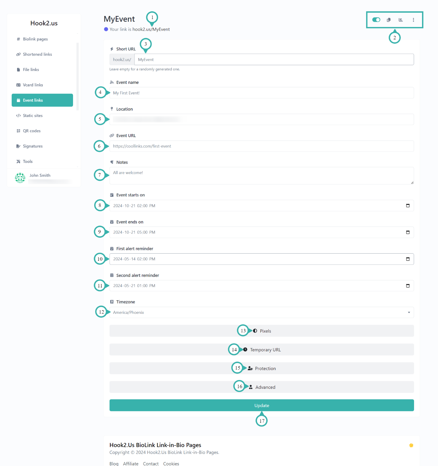 Hook2.us edit event link page. Details are explained below the image.