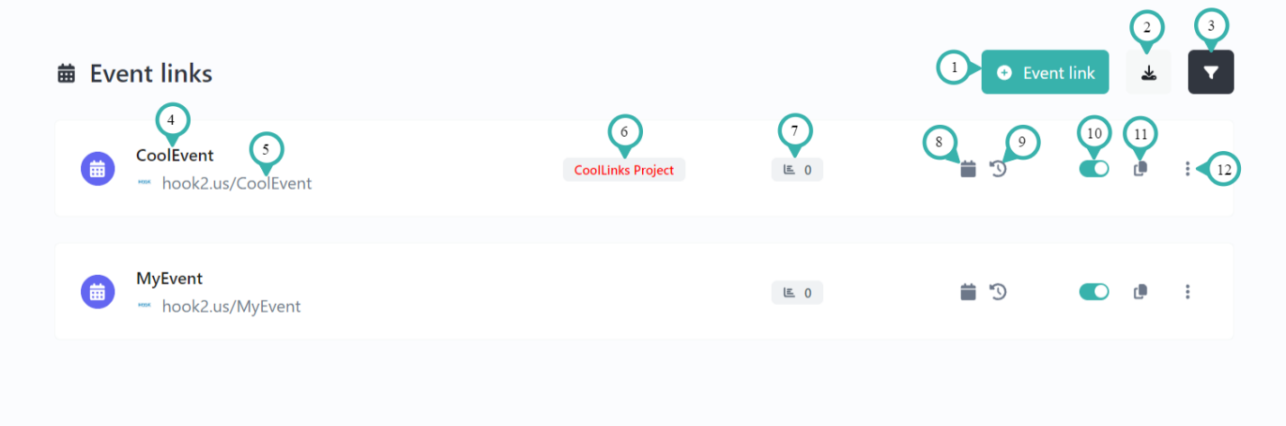 Hook2.us event links page. Details are explained below the image.