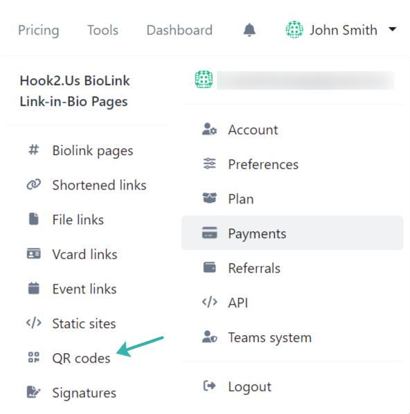 Hook2.us submenu accessed by clicking on your name in the main menu on the homepage. An arrow points to the QR codes link, which is the seventh link under the first column.