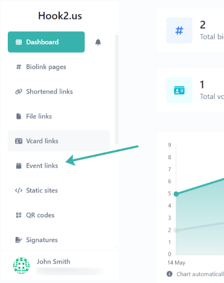 Hook2.us dashboard menu. An arrow points to the event links link, which is the sixth link.