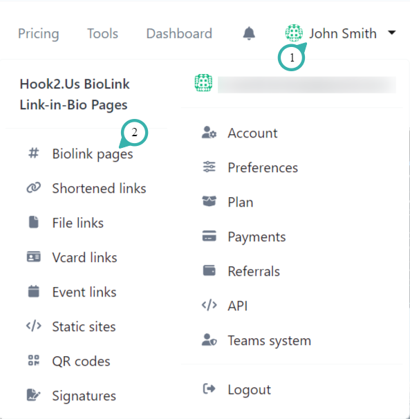Hook2.us submenu accessed by clicking on your name in the main menu on the homepage. An arrow points to the Biolink pages link, which is the first link under the first column.