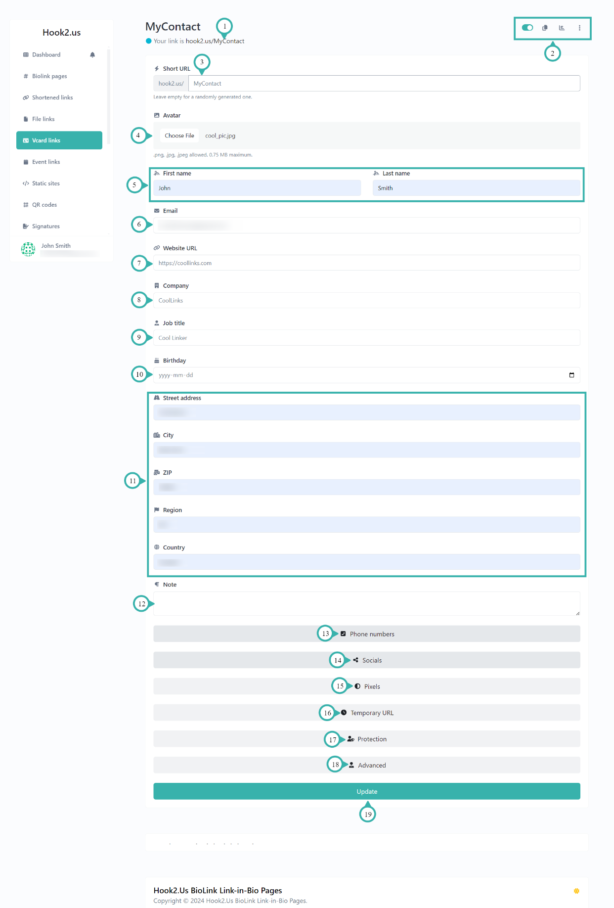 Hook2.us edit vCard link page. Details are explained below the image.